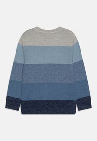 Knitted sweater featuring horizontal stripes in varying shades of blue, with a ribbed dark blue hem and cuffs. Soft texture, crew neck design.