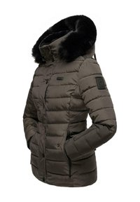 Padded winter jacket in dark gray with a removable fur-lined hood, featuring zip pockets and a logo patch on the sleeve.