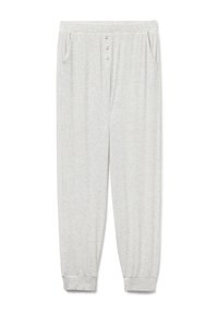 Lichtgrijze geribde pyjamabroek met een elastische tailleband, een vijfknopengulp en zijzakken; gemaakt van zacht materiaal met een aansluitende boord bij de enkel.