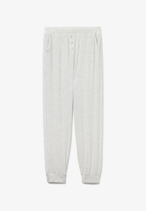 Ljust grå ribbad pyjamasbyxa med elastisk midja, femknappsgylf och sidofickor; mjukt material med en åtsittande mudd vid ankeln.
