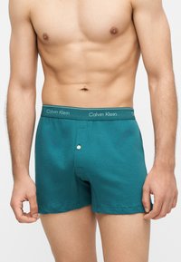 Άνδρας που φοράει τιρκουάζ μποξεράκια Calvin Klein με κουμπωτό καβάλο, εμφανίζεται από το μέσο του στήθους έως το πάνω μέρος των μηρών, με ανοιχτό γκρι φόντο.