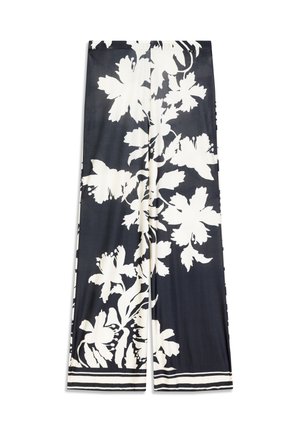 Hose mit weitem Bein aus marineblauem Stoff mit weißem Blumenmuster. Verfügt über eine glatte Textur und einen gestreiften Saum.