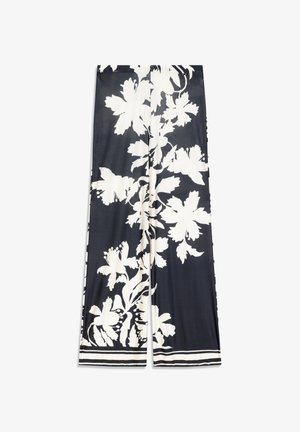 Hose mit weitem Bein aus marineblauem Stoff mit weißem Blumenmuster. Verfügt über eine glatte Textur und einen gestreiften Saum.