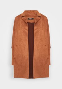 Brun faux suede frakke med bred krave, åben front og sidelommer. Har en glat, blød tekstur og et afslappet fit-design.