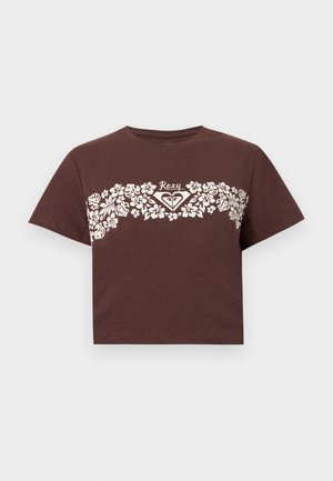 Brown crop T-shirt with white floral pattern across the chest and "Roxy" logo in the center.