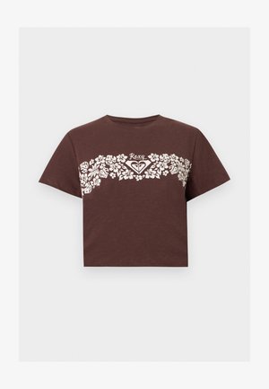 Braunes Crop-T-Shirt mit weißem Blumenmuster über der Brust und dem "Roxy"-Logo in der Mitte.