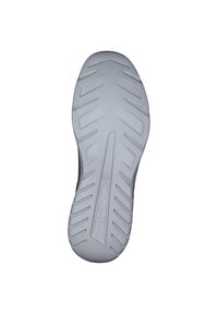 Såle av en sko, gummimateriale, grå farge, med et teksturert mønster med spor for grep og en lett buing ved hælen.