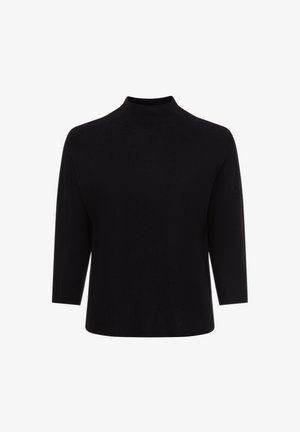 Zwarte gebreide coltrui met driekwartmouwen, met een ribbelstructuur en een aansluitende pasvorm, ontworpen voor een strakke silhouet.