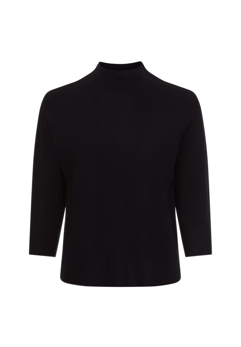 Schwarzer Strickrollkragenpullover mit Dreiviertelärmeln, ausgestattet mit einer gerippten Textur und taillierter Form, entworfen für eine klare Silhouette.