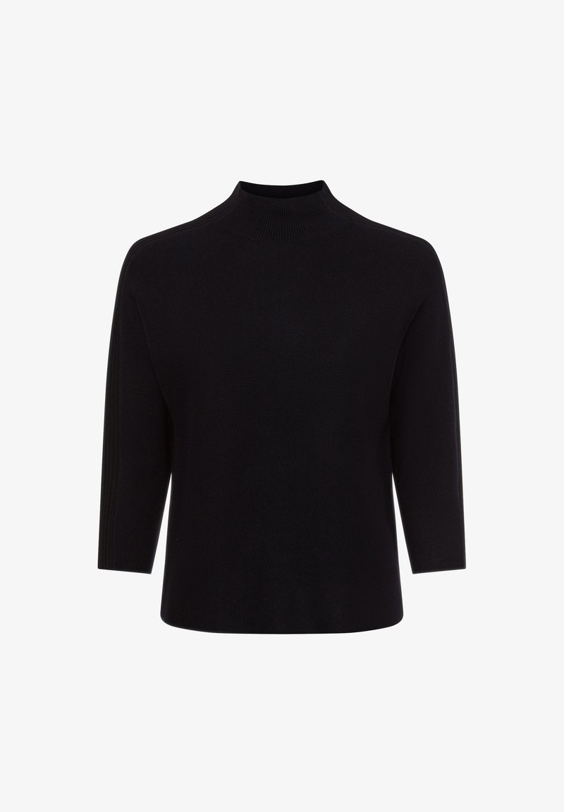 Schwarzer Strickrollkragenpullover mit Dreiviertelärmeln, ausgestattet mit einer gerippten Textur und taillierter Form, entworfen für eine klare Silhouette.