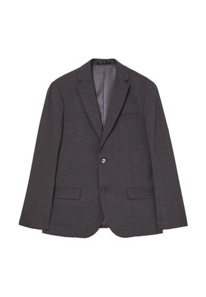 Blazer grigio in tessuto liscio con chiusura a due bottoni, reverse con alette e due tasche frontali. Interno non foderato visibile.