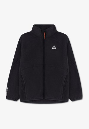 Čierna fleecová bunda na zips s vysokým golierom, bočnými vreckami, oranžovým terčíkom na zips, logom ACG na ľavej strane hrudníka a s označením Polartec na ľavom rukáve.