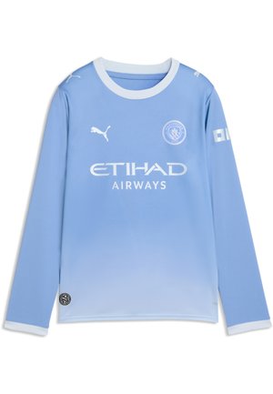 Jasnoniebieska koszulka piłkarska Manchester City z długim rękawem, białym kołnierzem, logo Puma i nazwą sponsora Etihad Airways z przodu.