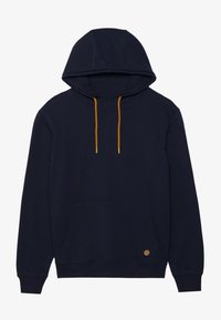 Sudadera de algodón azul marino con bolsillo frontal, cordón ajustable naranja y puños acanalados. Presenta un pequeño logo redondo en el dobladillo.