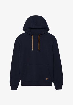 Tamno plavi pamučni dukserica s prednji džepom, podesivim narančastim vezicama i rebrastim manžetama. Sadrži mali okrugli logo na rubu.