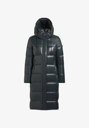 Temnozeleni puffer plašč z sijočo površino, z kapuco, dolgimi rokavi in sprednjim zadrgo. Vključuje žep na prsih in nastavljive vrvice.