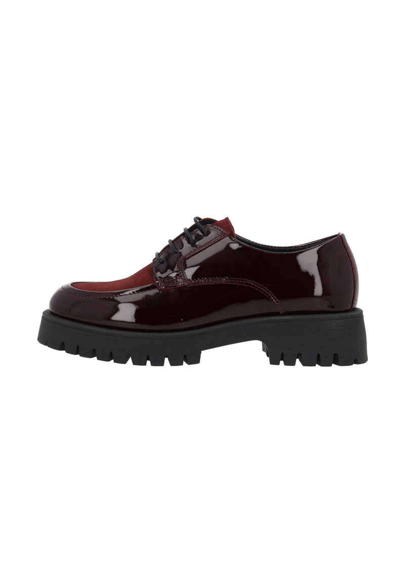 Glossy burgundy leather oxford shoes with a round toe, black laces, and a chunky black rubber sole featuring ridges for traction.