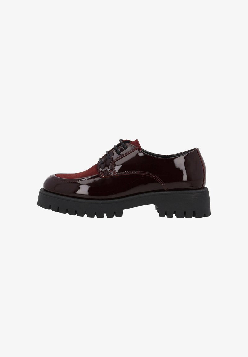 Glänzende bordeauxfarbene Leder-Oxford-Schuhe mit runder Zehenpartie, schwarzen Schnürsenkeln und einer robusten schwarzen Gummisohle mit Rillen für besseren Halt.