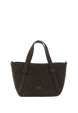 Small dark brown suede handbag with two shoulder straps and subtle brand logo on the front center.