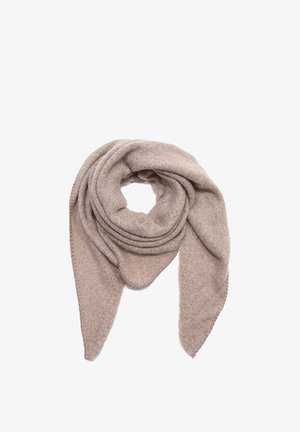 Beige wool scarf with a soft texture, triangular shape, and pointed ends; features subtle, blended patterns.