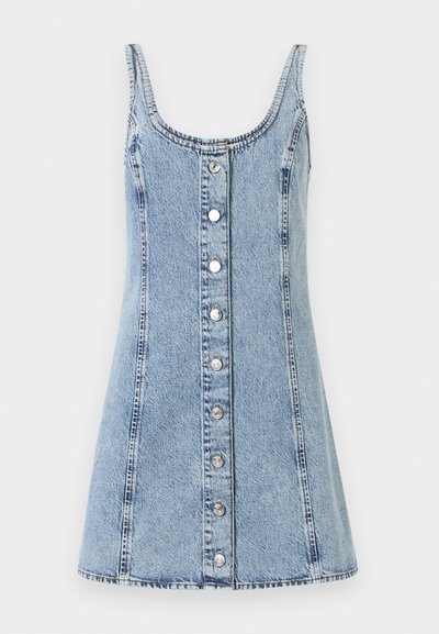 Denim dress with a scooped neckline and thin straps. Light blue fabric, A-line shape, featuring front buttons and visible stitching details.