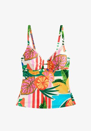 Mehrfarbiges Tanktop mit tropischem Fruchtmuster in Pink-, Orange- und Grüntönen; verstellbare Träger; geraffte Mitte.