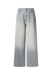 Szerokie spodnie dżinsowe w jasnoszarym kolorze, z wysokim stanem, szlufkami na pasek, przednimi kieszeniami i zapięciem na guzik.