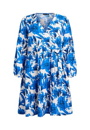 Blue floral wrap dress with long sleeves, v-neck, and tiered skirt. Made from a lightweight fabric with a white background and vibrant blue patterns.