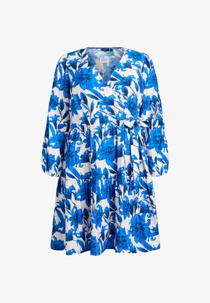 Blue floral wrap dress with long sleeves, v-neck, and tiered skirt. Made from a lightweight fabric with a white background and vibrant blue patterns.