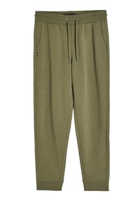 Olive green jogger pants wykonane z miękkiego materiału. Posiadają elastyczny pas z sznurkiem, boczne kieszenie oraz ściągacze na nogawkach.