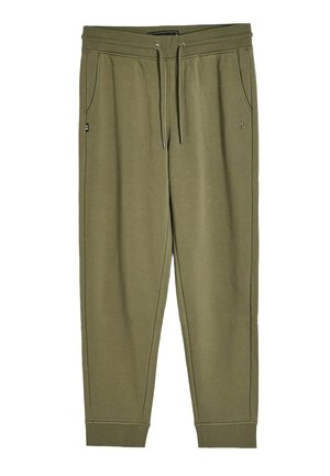Olive green jogger pants wykonane z miękkiego materiału. Posiadają elastyczny pas z sznurkiem, boczne kieszenie oraz ściągacze na nogawkach.