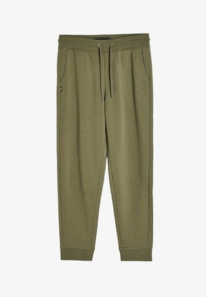 Olive green jogger pants wykonane z miękkiego materiału. Posiadają elastyczny pas z sznurkiem, boczne kieszenie oraz ściągacze na nogawkach.