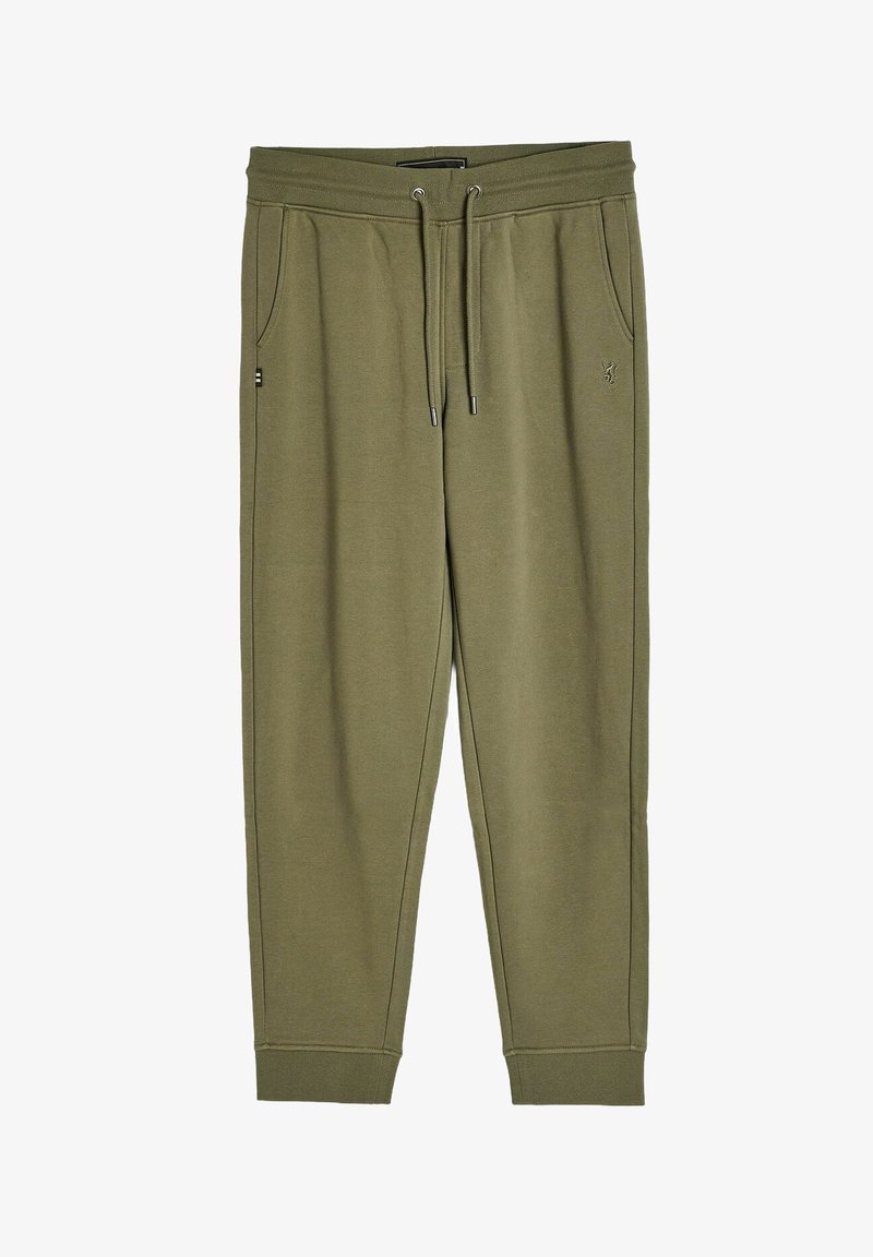 Olive green jogger pants wykonane z miękkiego materiału. Posiadają elastyczny pas z sznurkiem, boczne kieszenie oraz ściągacze na nogawkach.