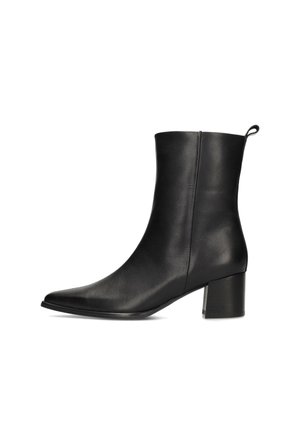 Black leather ankle boot with pointed toe, block heel, and pull loop on the back, shown from the outer side.