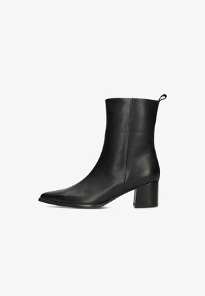 Black leather ankle boot with pointed toe, block heel, and pull loop on the back, shown from the outer side.