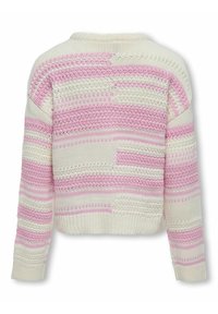 Maglione lavorato a maglia con scollatura a girocollo, caratterizzato da righe orizzontali rosa e bianche, texture variabili e vestibilità corta.