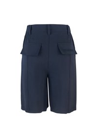 Pantaloni cargo navy realizzati in tessuto con due tasche frontali. Presentano una texture liscia e un logo ricamato sulla patta della tasca sinistra.