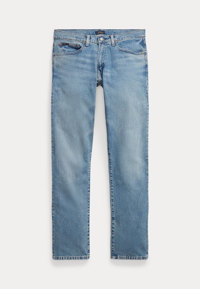 Lys blå denimjeans, rett kutt design, tradisjonell fem-lomme stil, sydd sømmer og messingbeslag ved livlinjen.