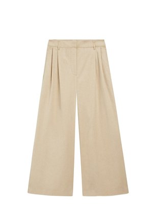 Beige bukser med vide ben, forreste folder, bæltestropper, sidelommer og skjult forrest lukning.