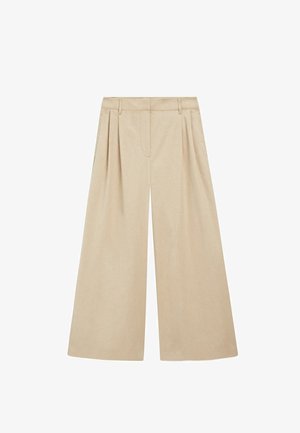 Beige bukser med vide ben, forreste folder, bæltestropper, sidelommer og skjult forrest lukning.