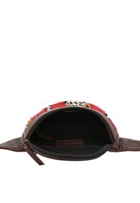 Leren zak met kleurrijke textiele bovenkant met geometrische patronen. Ritssluiting en binnenzak met stoffen voering.