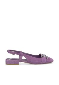 Scarpa slingback in suede viola con tacco a blocco basso, caratterizzata da un elegante dettaglio con fibbia e aperture laterali.