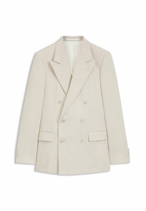 Dobbeltbrystet beige blazer med spidse revers, seks knapper foran, to klaplommer og knapper på ærmekanter.