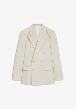 Dobbeltbrystet beige blazer med spidse revers, seks knapper foran, to klaplommer og knapper på ærmekanter.