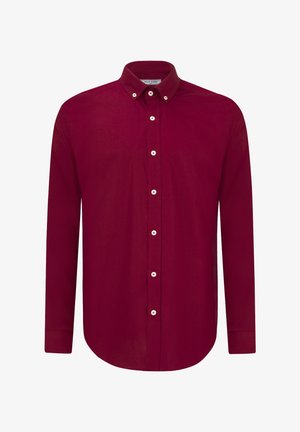 Langarm shirt van diep bordeauxrood katoen, met een button-down kraag, een knoopsluiting aan de voorkant en verstelbare manchetten. Glad textuur.