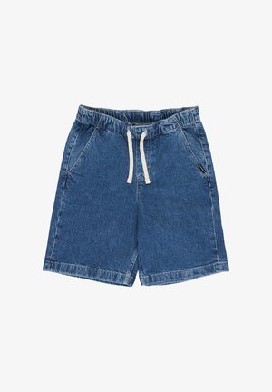 Shorts en denim bleu avec taille élastique et cordon de serrage blanc, dotés de poches avant et d'une petite étiquette de marque noire sur le côté.