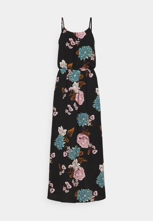 Schwarzes ärmelloses Maxikleid mit dünnen Trägern und einem Blumenmuster aus großen rosa, blauen und weißen Blumen mit braunen Blättern.