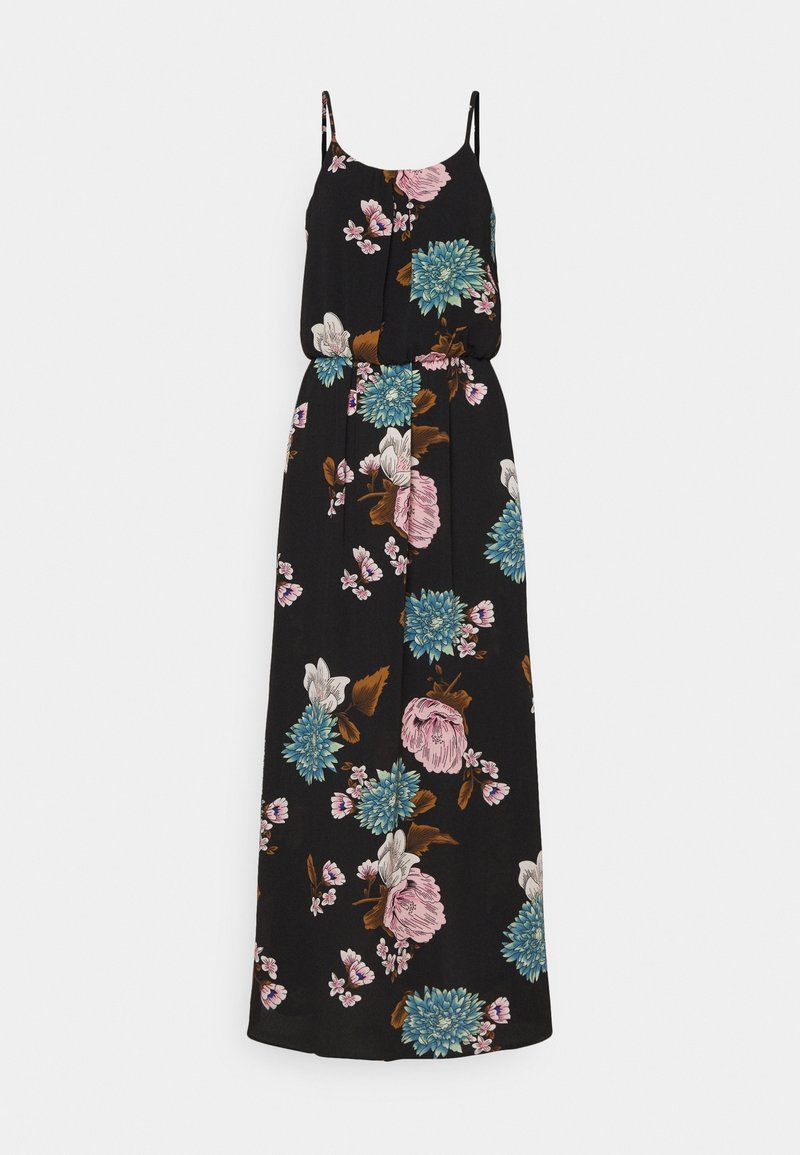Robe maxi noire sans manches avec fines bretelles et un motif floral de grandes fleurs roses, bleues et blanches avec des feuilles brunes.