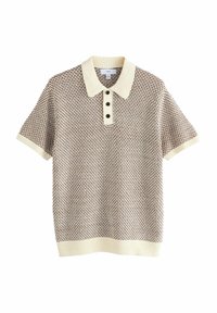 Short-sleeve polo sweater with a textured brown pattern, ivory ribbed collar, and three dark buttons at the neckline.