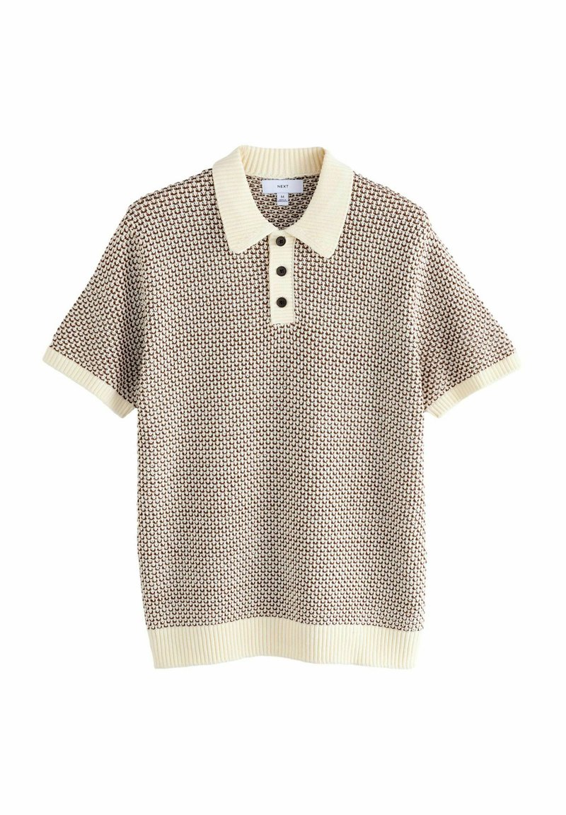 Short-sleeve polo sweater with a textured brown pattern, ivory ribbed collar, and three dark buttons at the neckline.